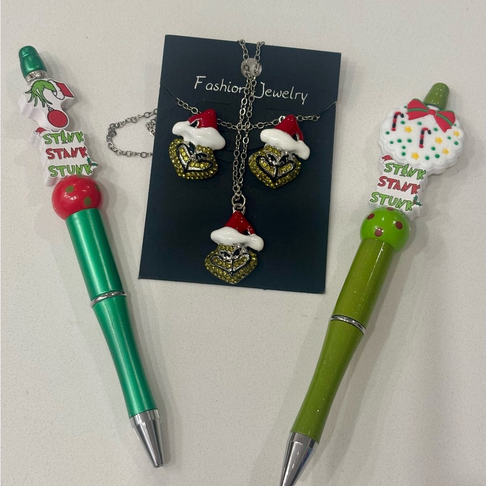 The Grinch Earrings/Necklace Set + 2 Grinch Holiday Pens